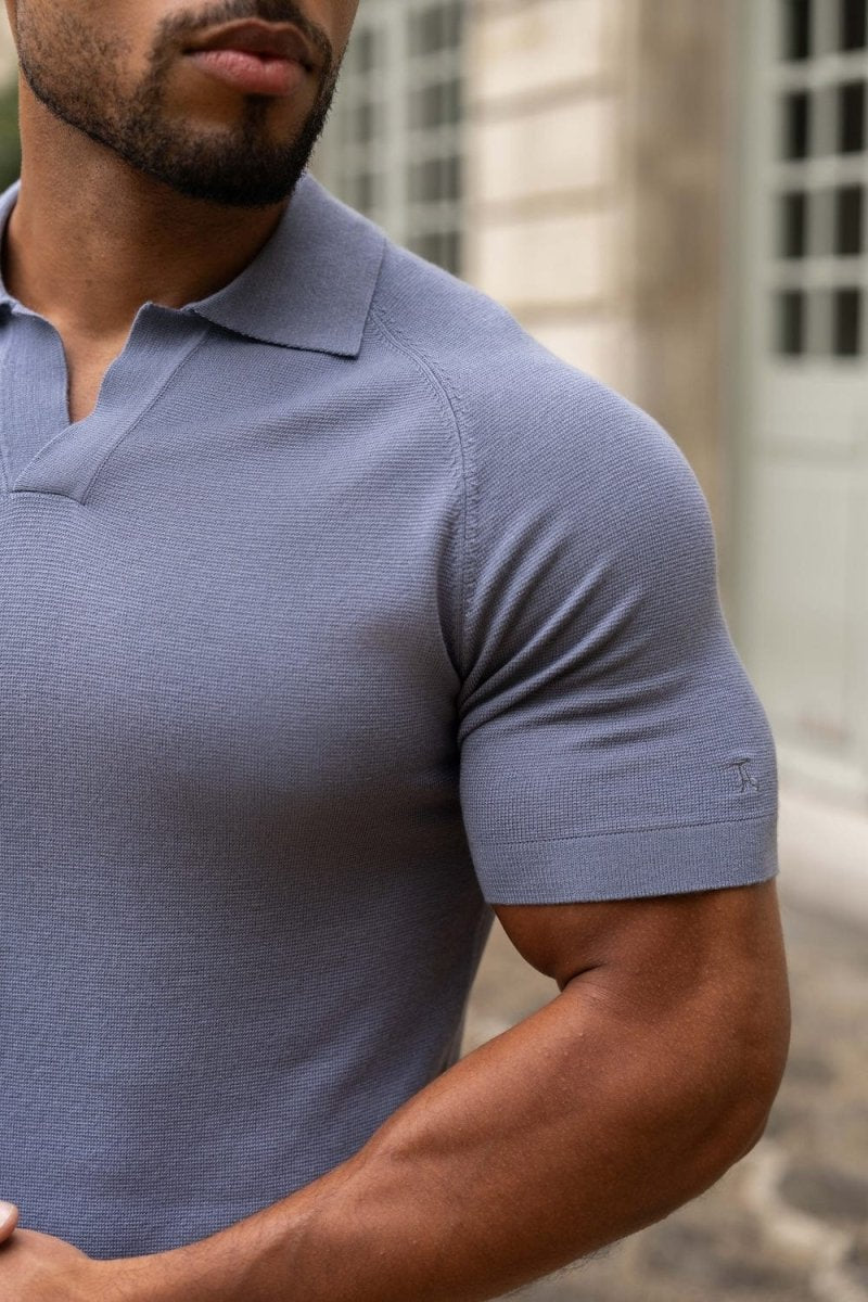 Textured Open Collar Knitted Polo Shirt in Soft Slate - TAILORED ATHLETE - ROW