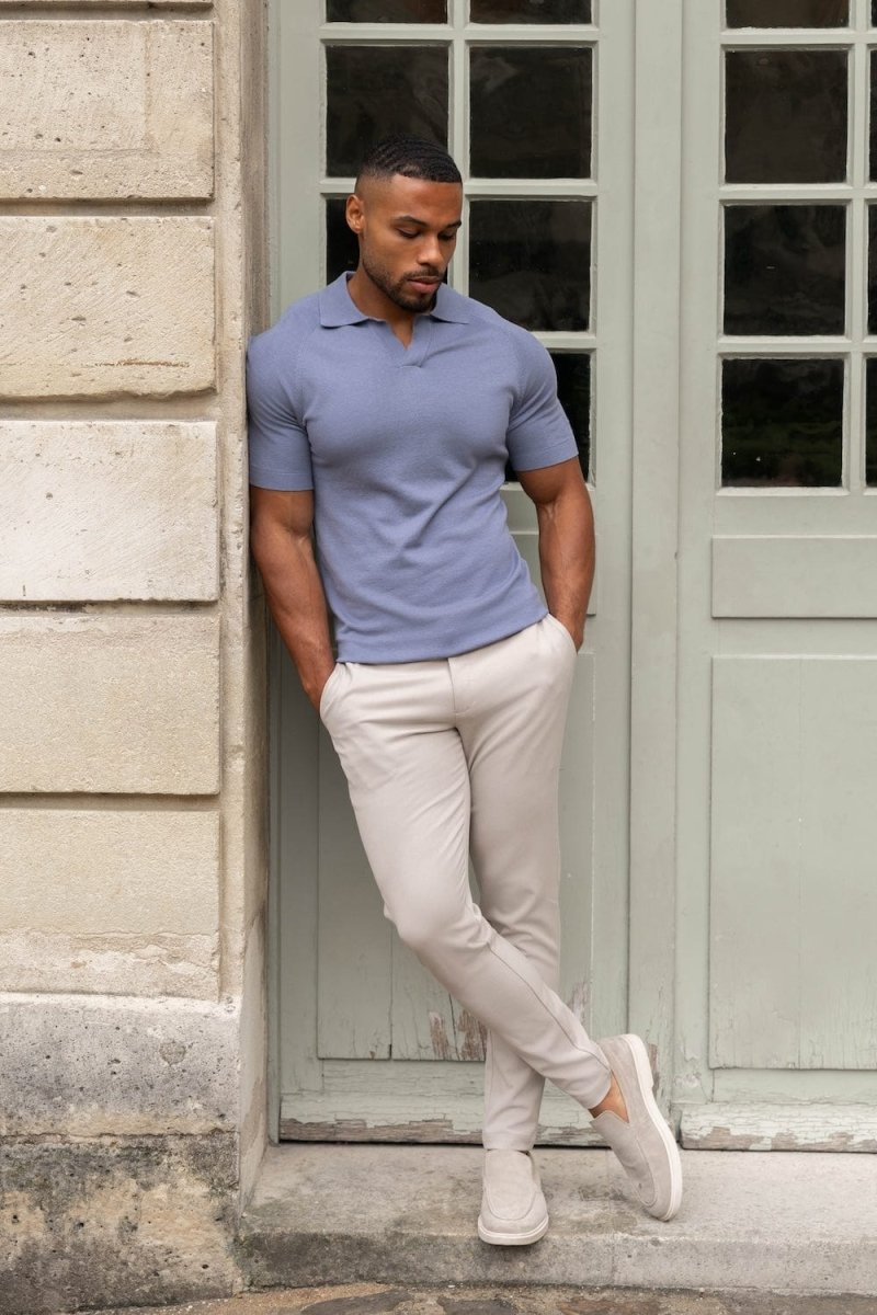 Textured Open Collar Knitted Polo Shirt in Soft Slate - TAILORED ATHLETE - ROW