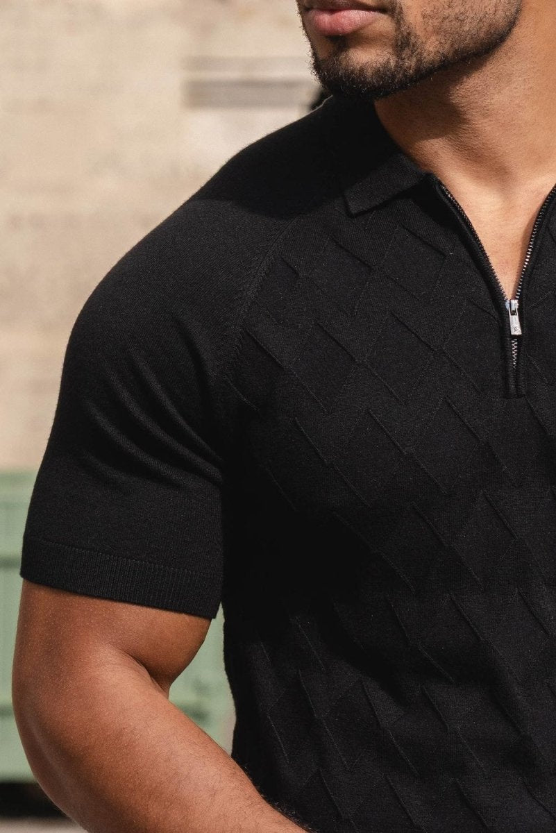 Diamond Jacquard Knitted Polo Shirt in Black - TAILORED ATHLETE - ROW