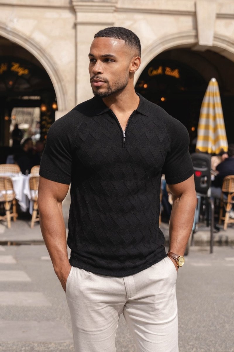 Diamond Jacquard Knitted Polo Shirt in Black - TAILORED ATHLETE - ROW
