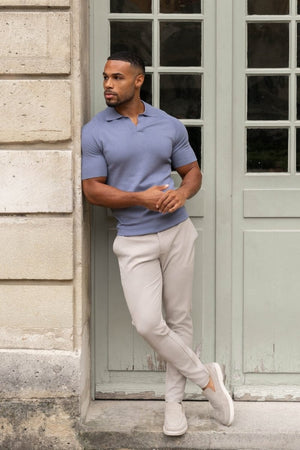 Textured Open Collar Knitted Polo Shirt in Soft Slate - TAILORED ATHLETE - ROW