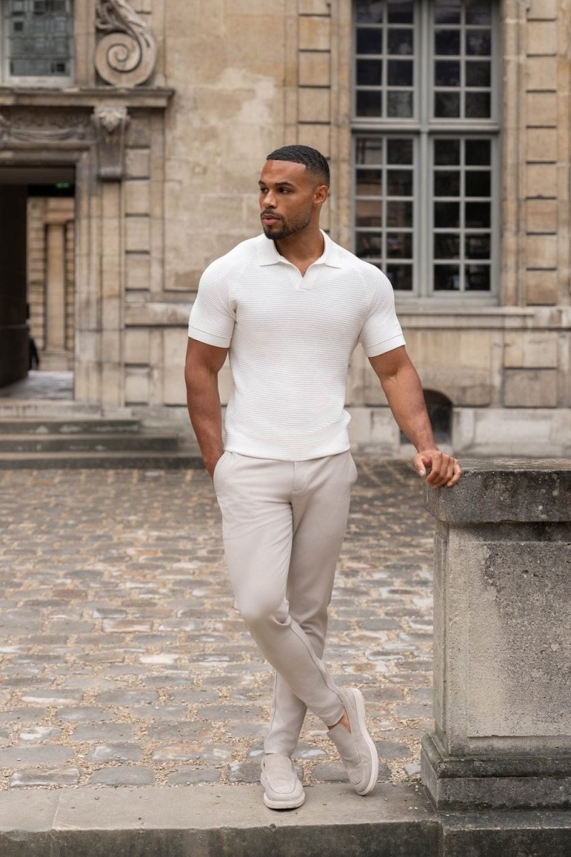 Textured Knitted Open Collar Polo Shirt in Winter White - TAILORED ATHLETE - ROW