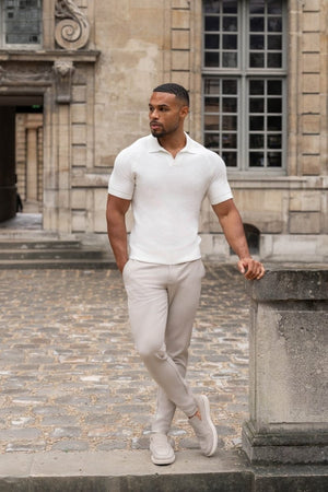 Textured Knitted Open Collar Polo Shirt in Winter White - TAILORED ATHLETE - ROW