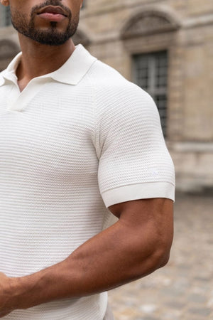 Textured Knitted Open Collar Polo Shirt in Winter White - TAILORED ATHLETE - ROW