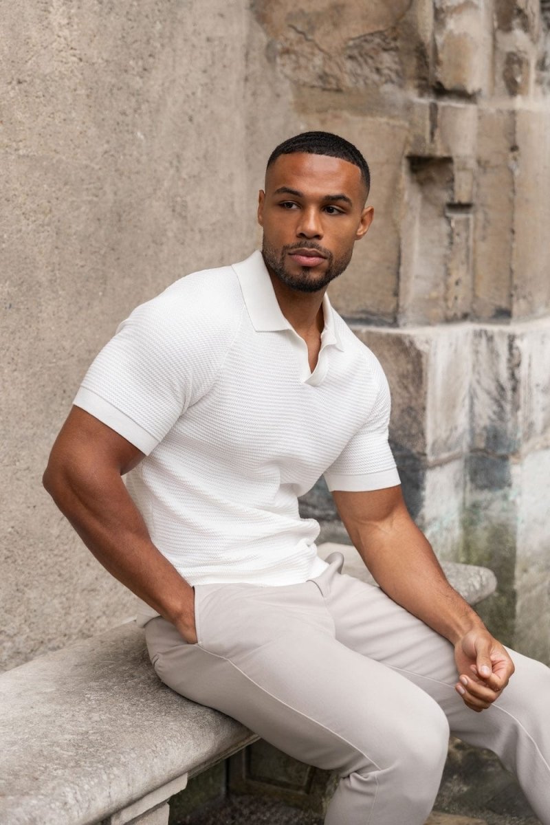 Textured Knitted Open Collar Polo Shirt in Winter White - TAILORED ATHLETE - ROW