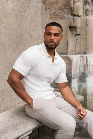 Textured Knitted Open Collar Polo Shirt in Winter White - TAILORED ATHLETE - ROW