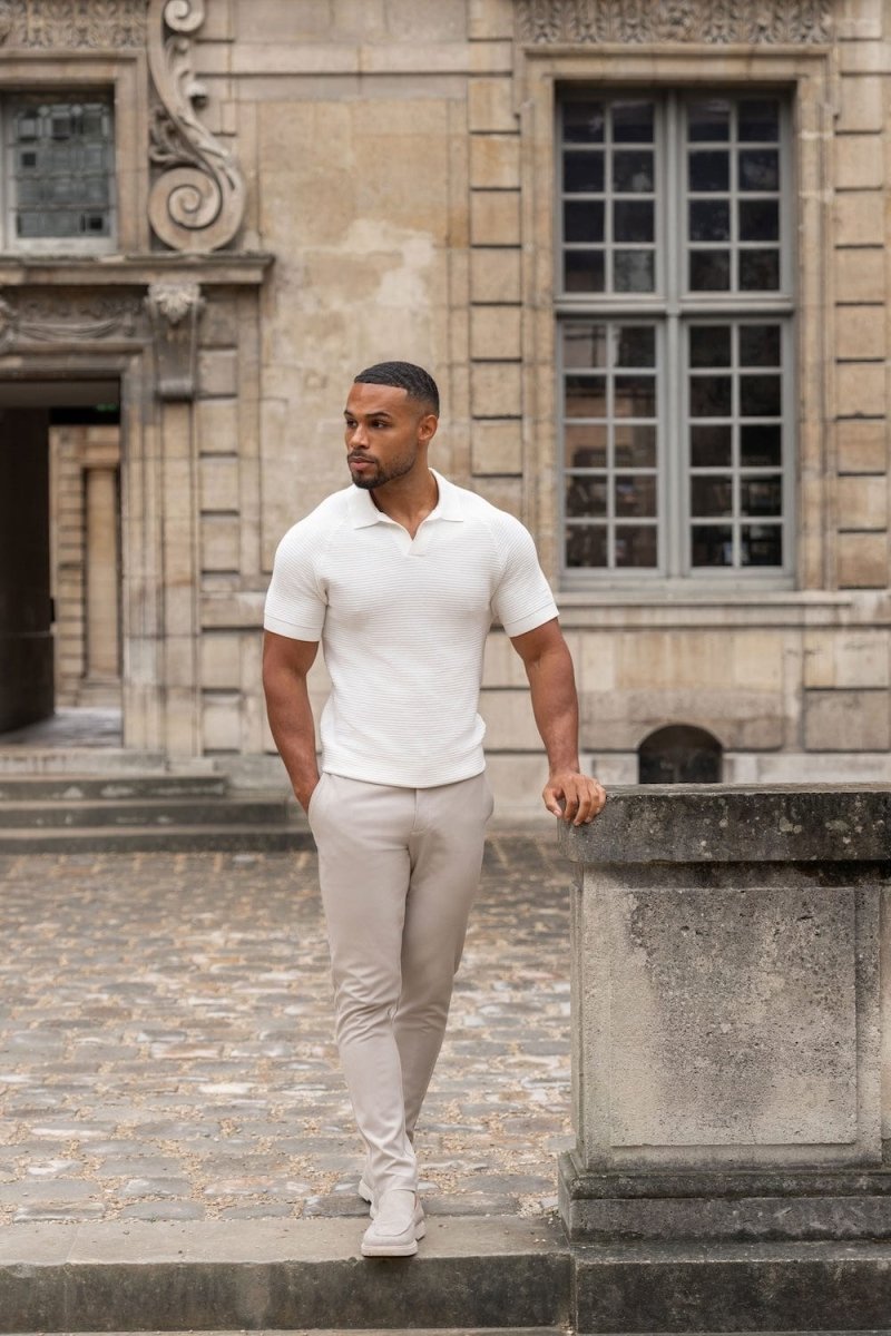 Textured Knitted Open Collar Polo Shirt in Winter White - TAILORED ATHLETE - ROW