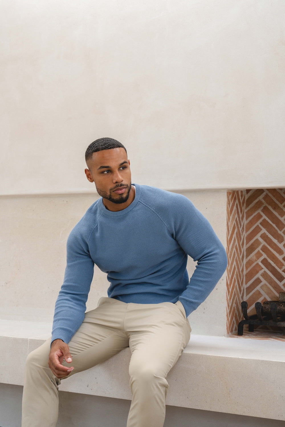 Pure Cotton Knitted Textured Crew Neck Jumper in Airforce Blue