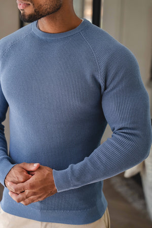 Pure Cotton Knitted Textured Crew Neck Jumper in Airforce Blue