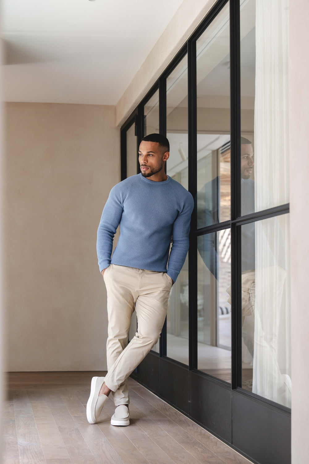 Pure Cotton Knitted Textured Crew Neck Jumper in Airforce Blue