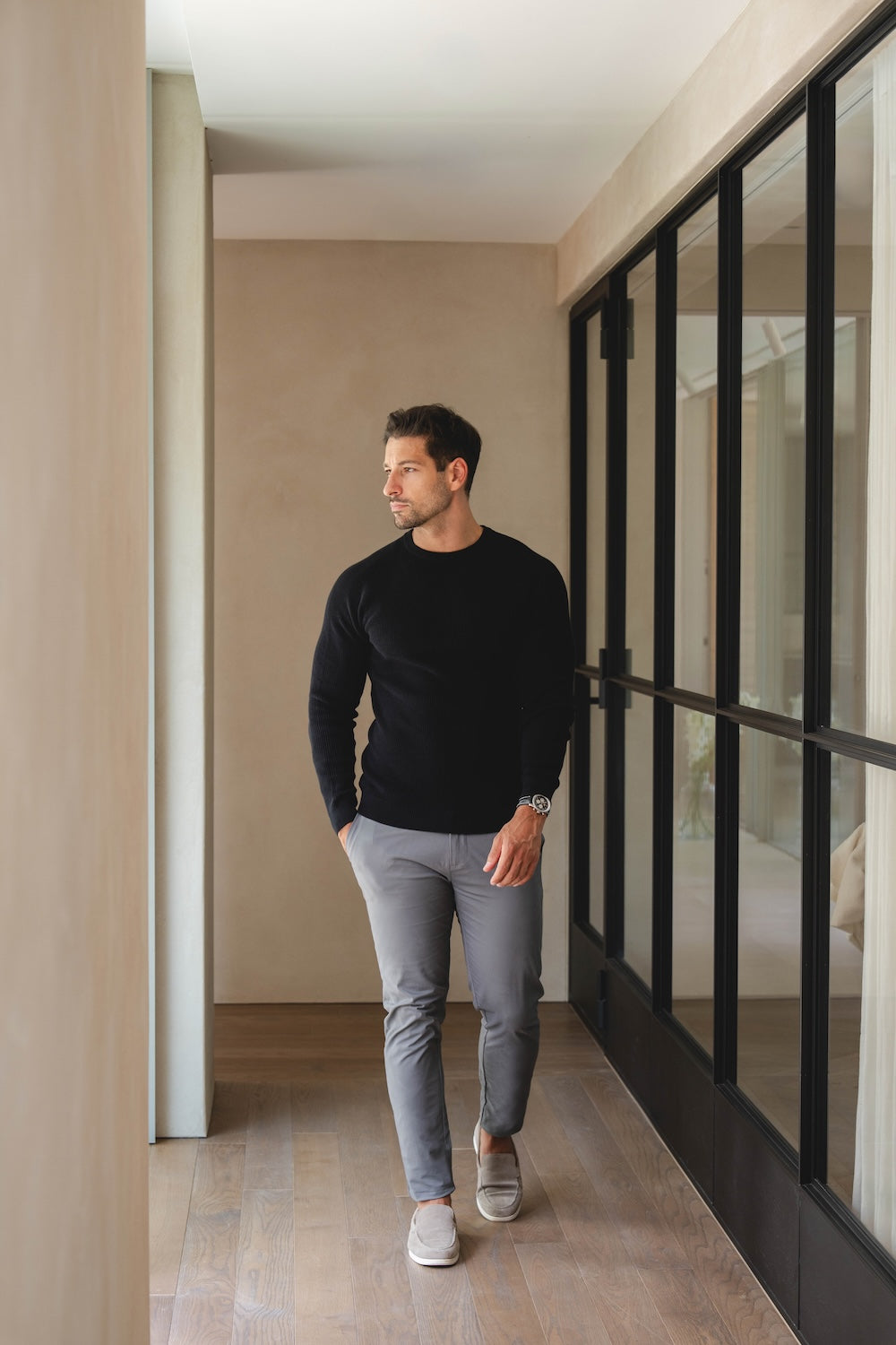 Pure Cotton Knitted Textured Crew Neck Jumper in Black