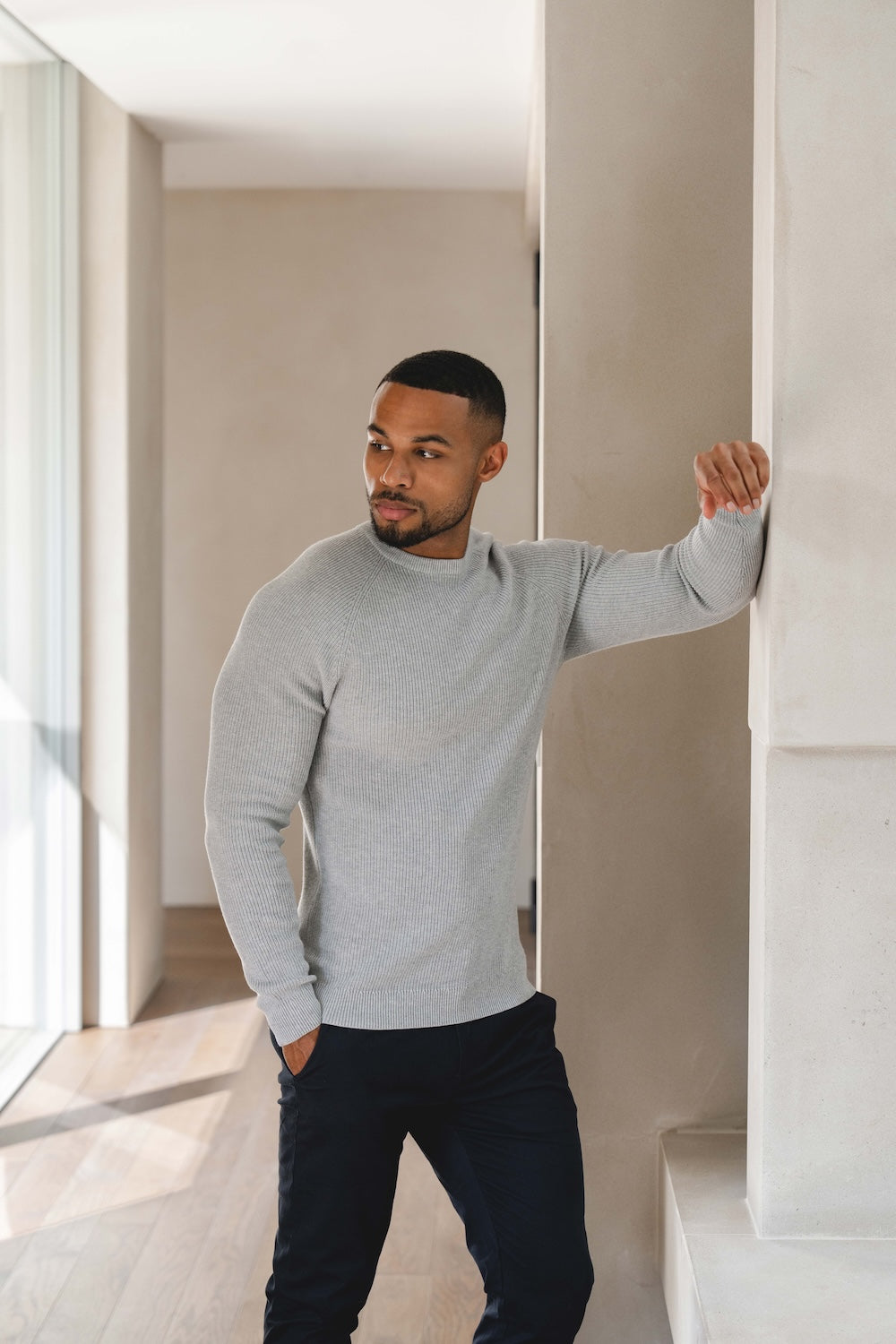 Pure Cotton Knitted Textured Crew Neck Jumper in Silver Grey Marl