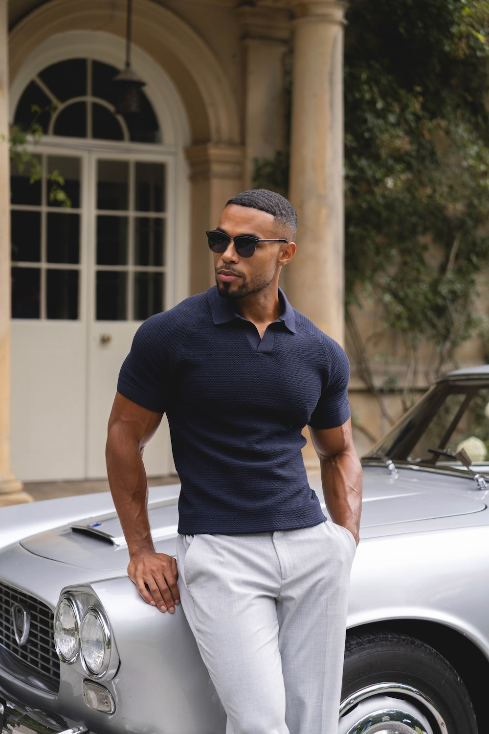 Textured Knitted Open Collar Polo Shirt in Navy