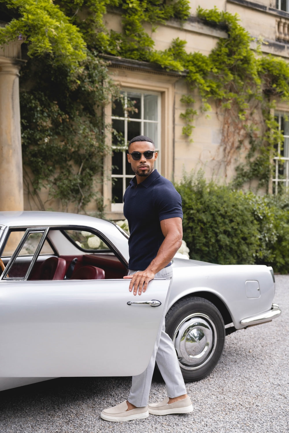 Textured Knitted Open Collar Polo Shirt in Navy