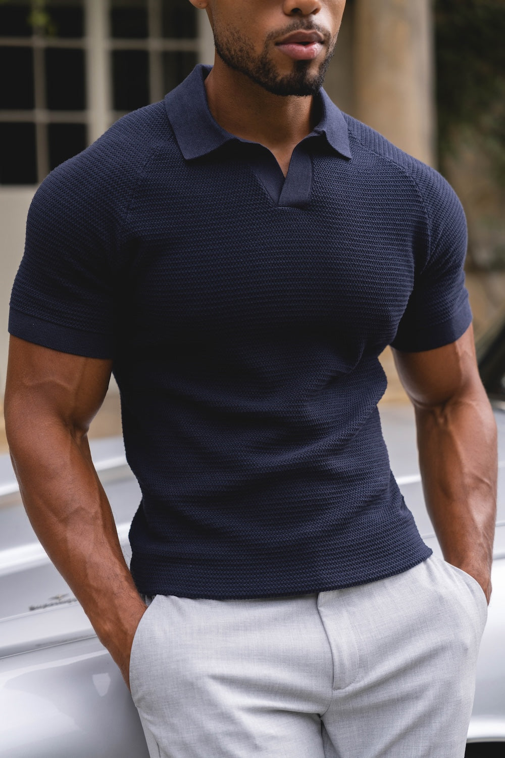 Textured Knitted Open Collar Polo Shirt in Navy
