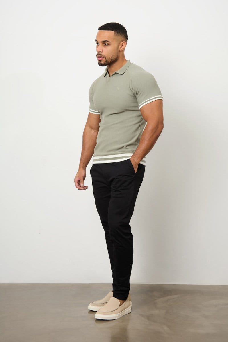 Tipped Textured Open Collar Polo Shirt in Soft Khaki - TAILORED ATHLETE - ROW