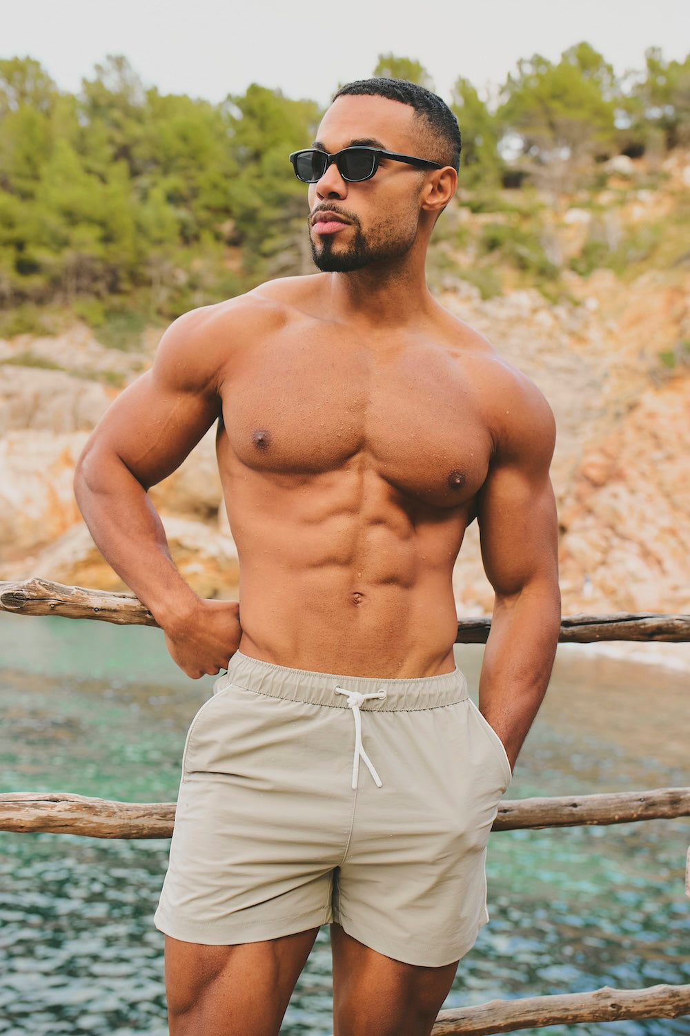 Quick Dry Piped Swim Shorts in Sage
