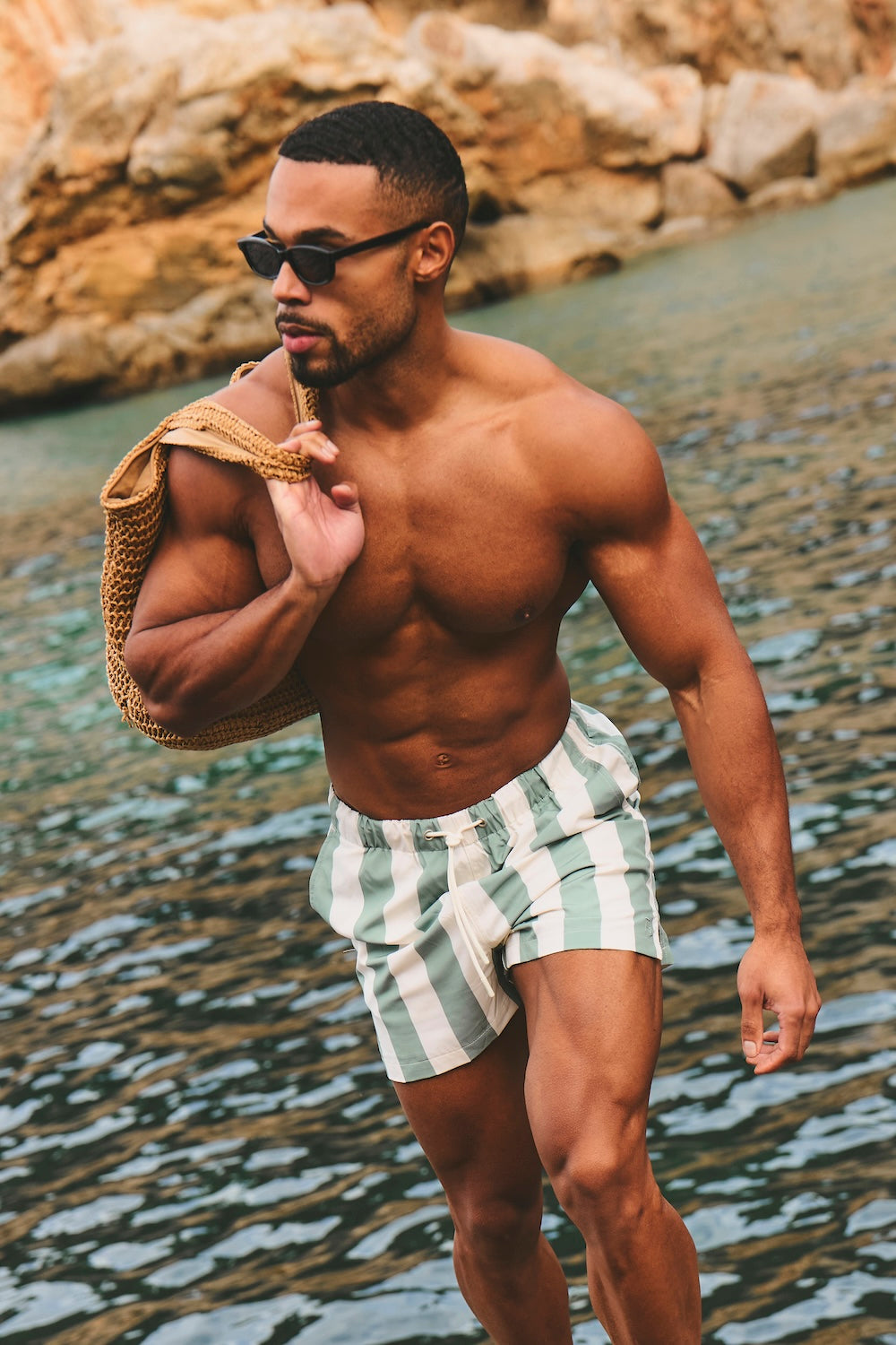 Quick Dry Printed Bold Stripe Swim Shorts in Sage/Off-White