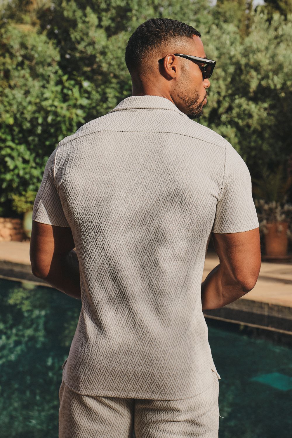 Textured Geo Cuban Collar Shirt in White and Stone