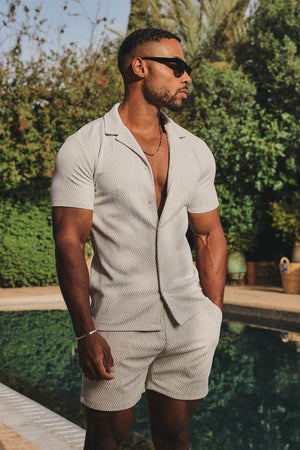 Textured Geo Cuban Collar Shirt in White and Stone