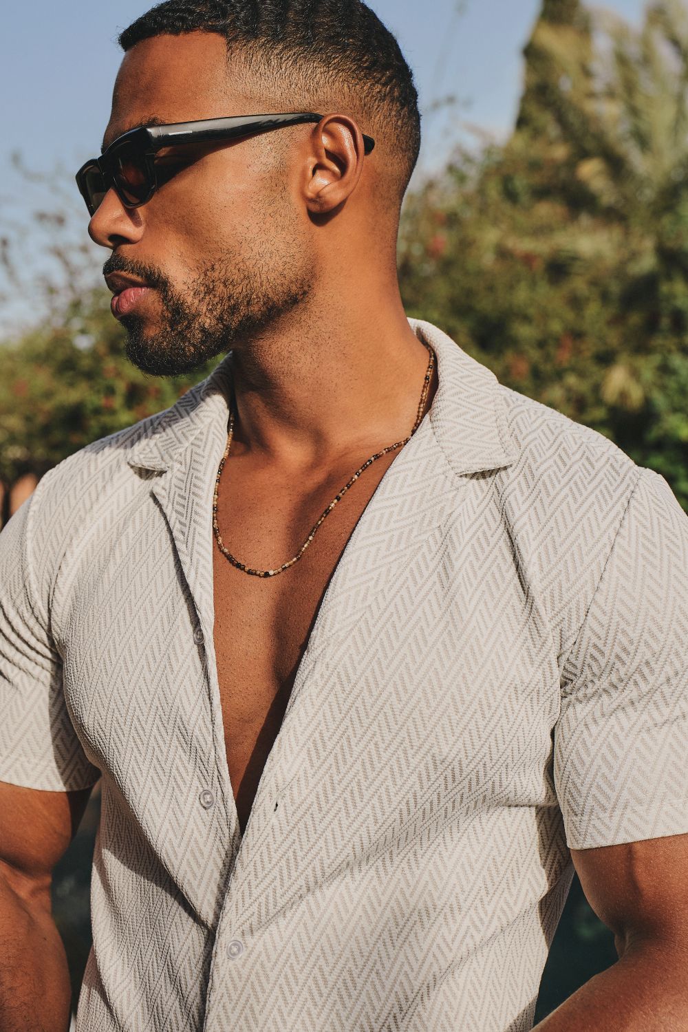 Textured Geo Cuban Collar Shirt in White and Stone