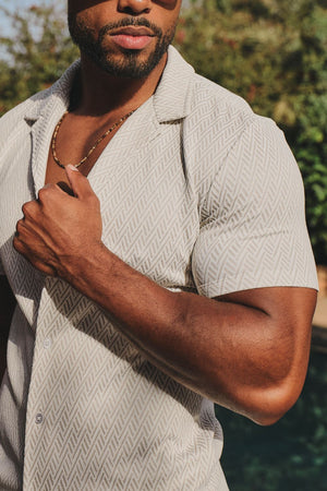 Textured Geo Cuban Collar Shirt in White and Stone