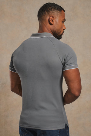 Tipped Textured Open Collar Polo Shirt in Grey and White