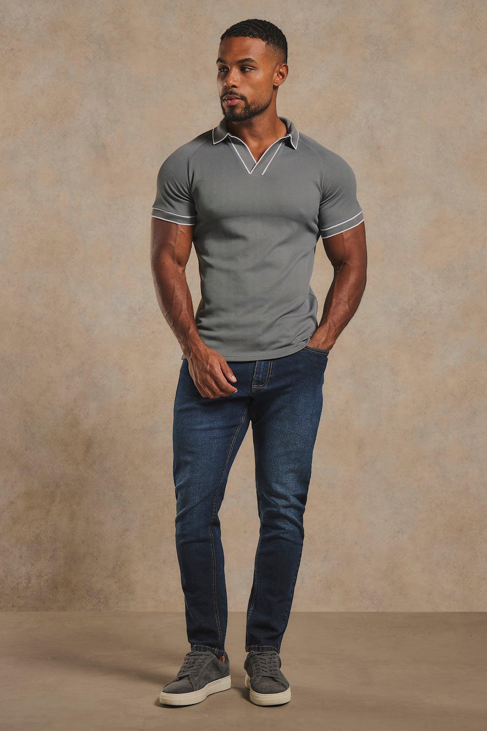 Tipped Textured Open Collar Polo Shirt in Grey and White