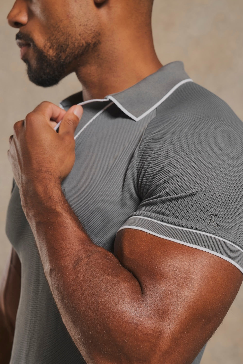 Tipped Textured Open Collar Polo Shirt in Grey and White