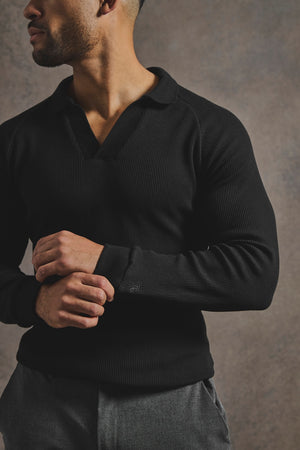 Textured Buttonless Polo Shirt in Black