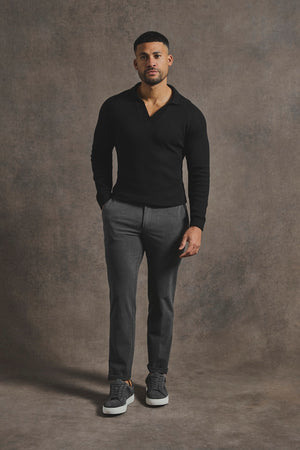 Textured Buttonless Polo Shirt in Black
