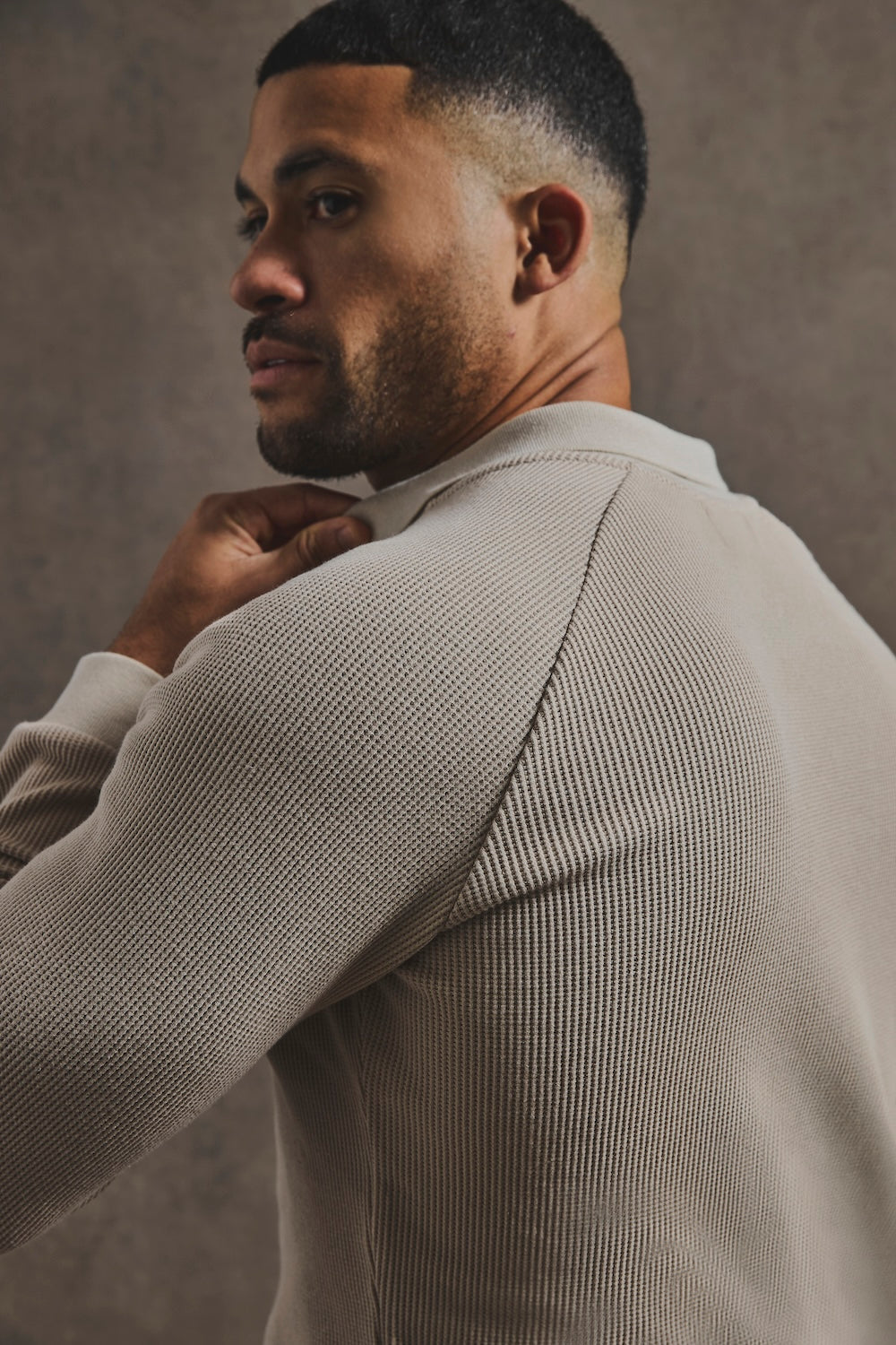 Textured Buttonless Polo Shirt in Stone
