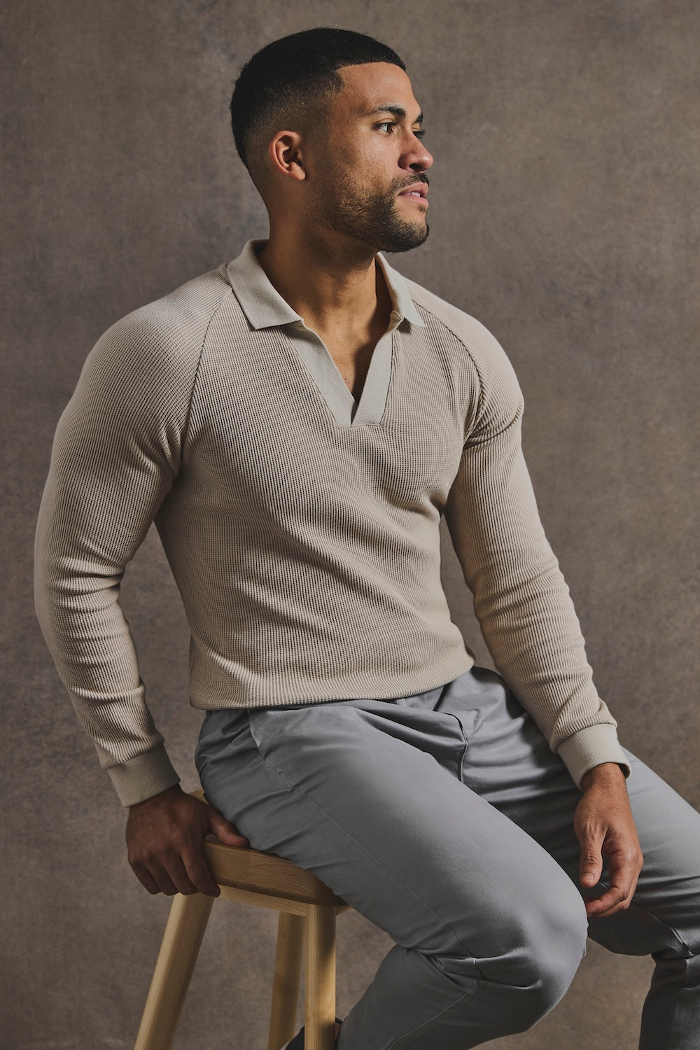 Textured Buttonless Polo Shirt in Stone