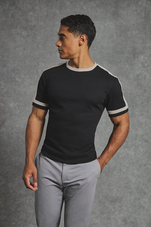 Textured Colour Blocked T-Shirt in Black and Stone
