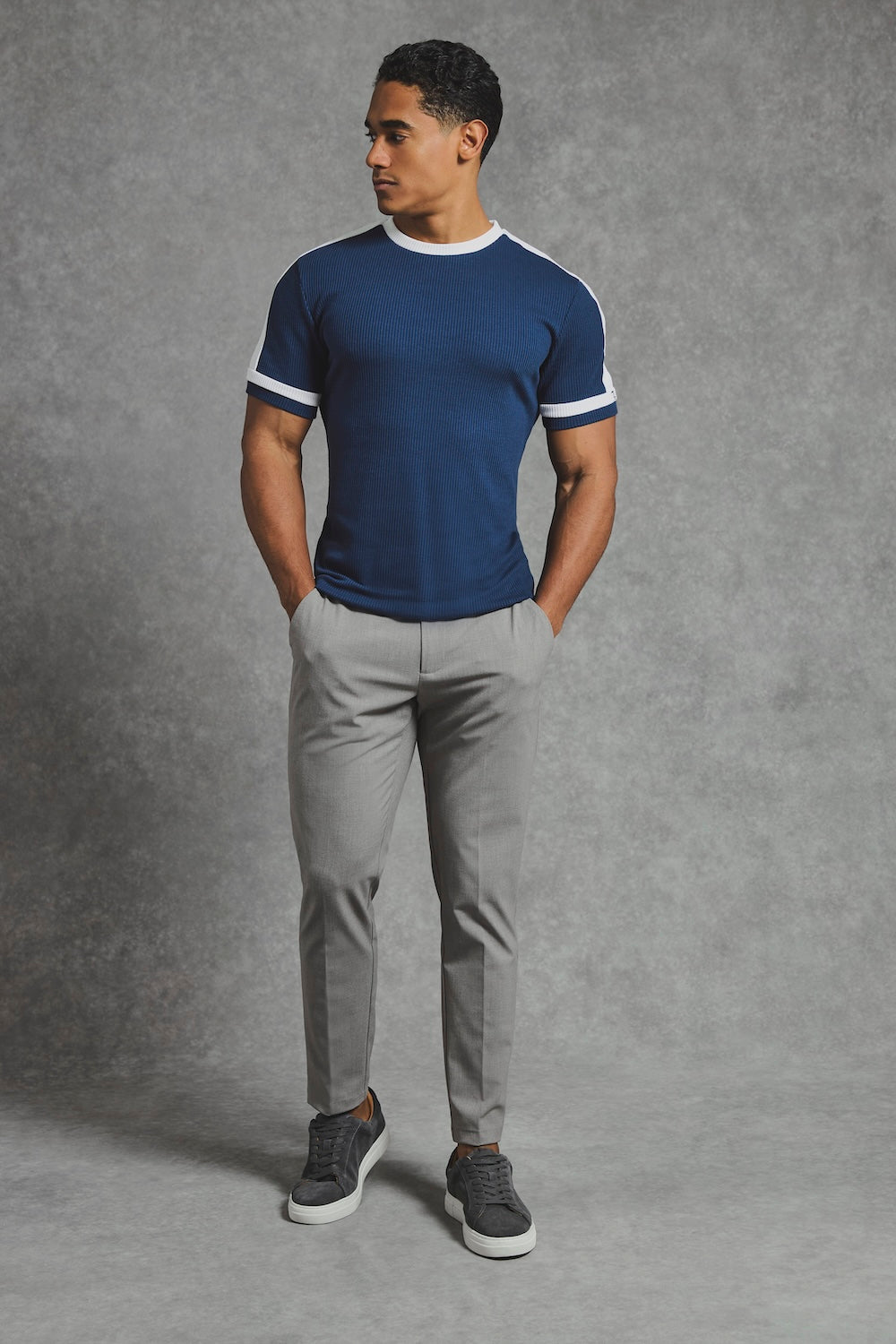 Textured Colour Blocked T-Shirt in Navy and White