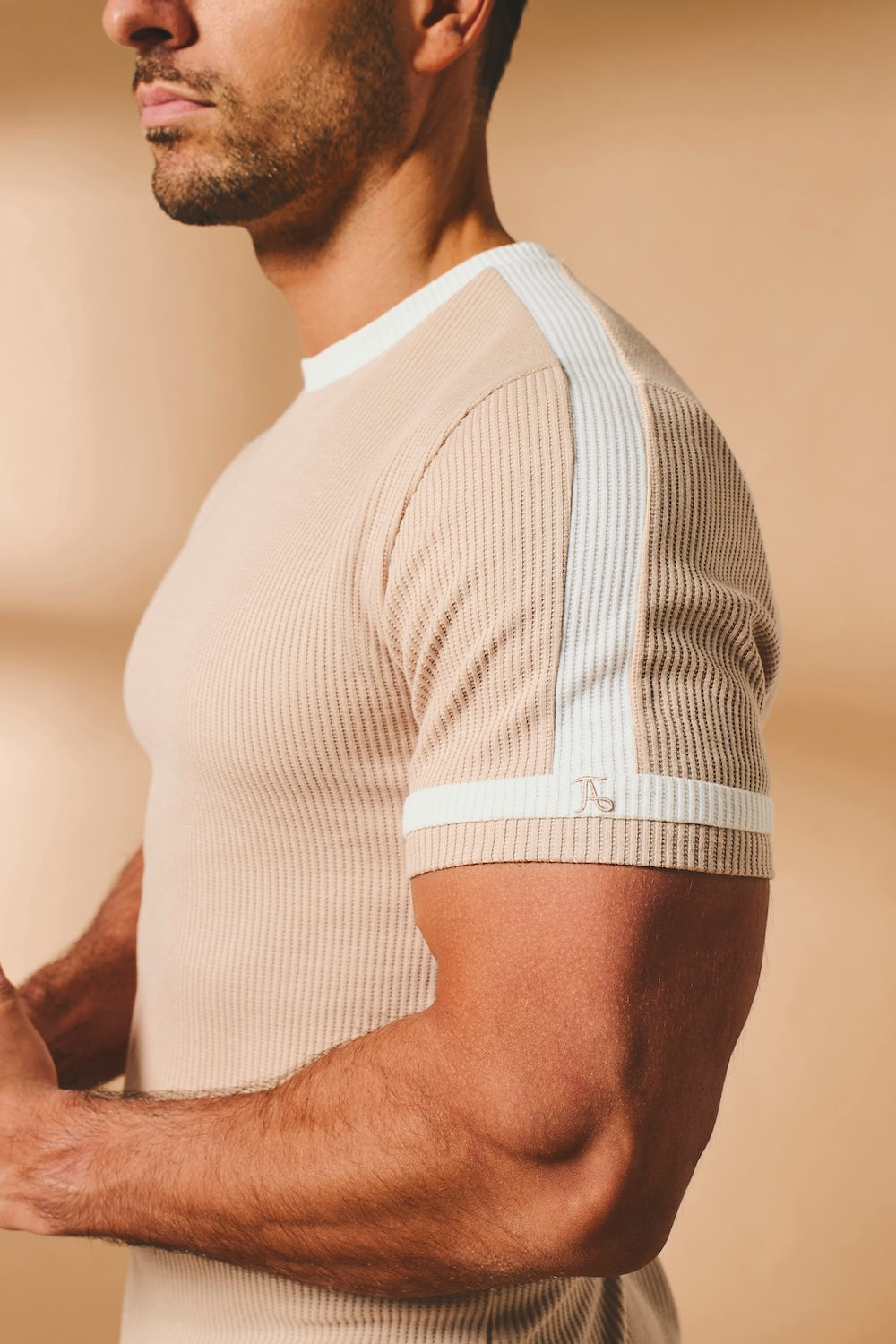 Textured Colour Blocked T-Shirt in Stone and White