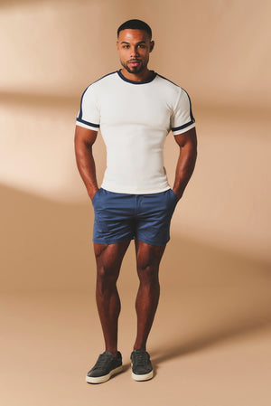 Textured Colour Blocked T-Shirt in White and Navy