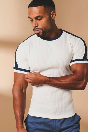 Textured Colour Blocked T-Shirt in White and Navy