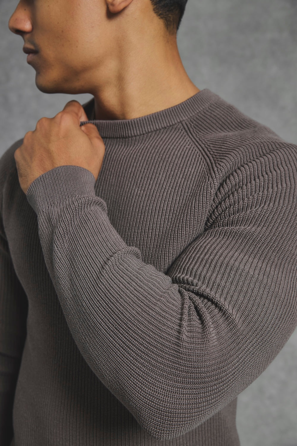 Pure Cotton Knitted Textured Crew Neck Jumper in Truffle