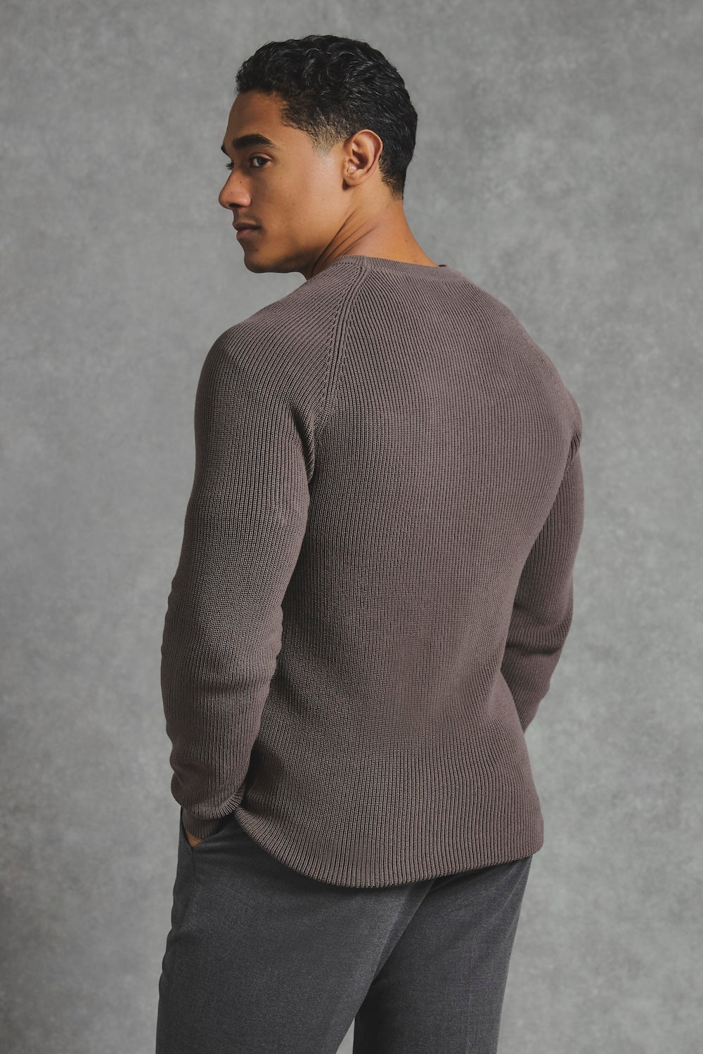Pure Cotton Knitted Textured Crew Neck Jumper in Truffle