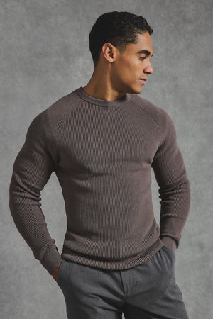 Pure Cotton Knitted Textured Crew Neck Jumper in Truffle