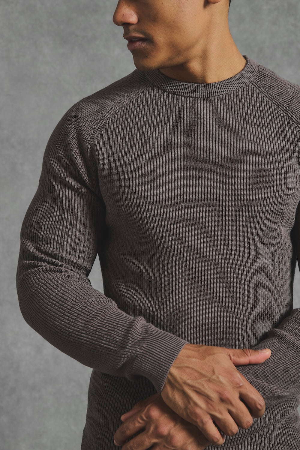 Pure Cotton Knitted Textured Crew Neck Jumper in Truffle