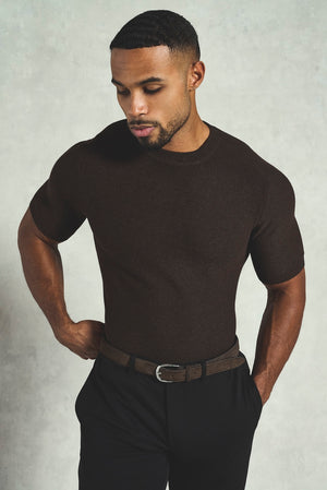 Textured Knitted Crew Neck T-shirt in Chocolate