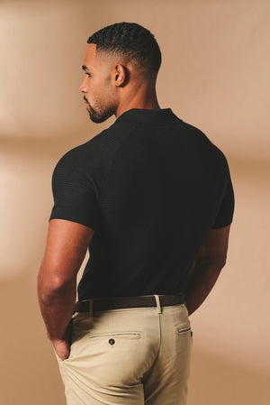 Textured Knitted Open Collar Polo Shirt in Black