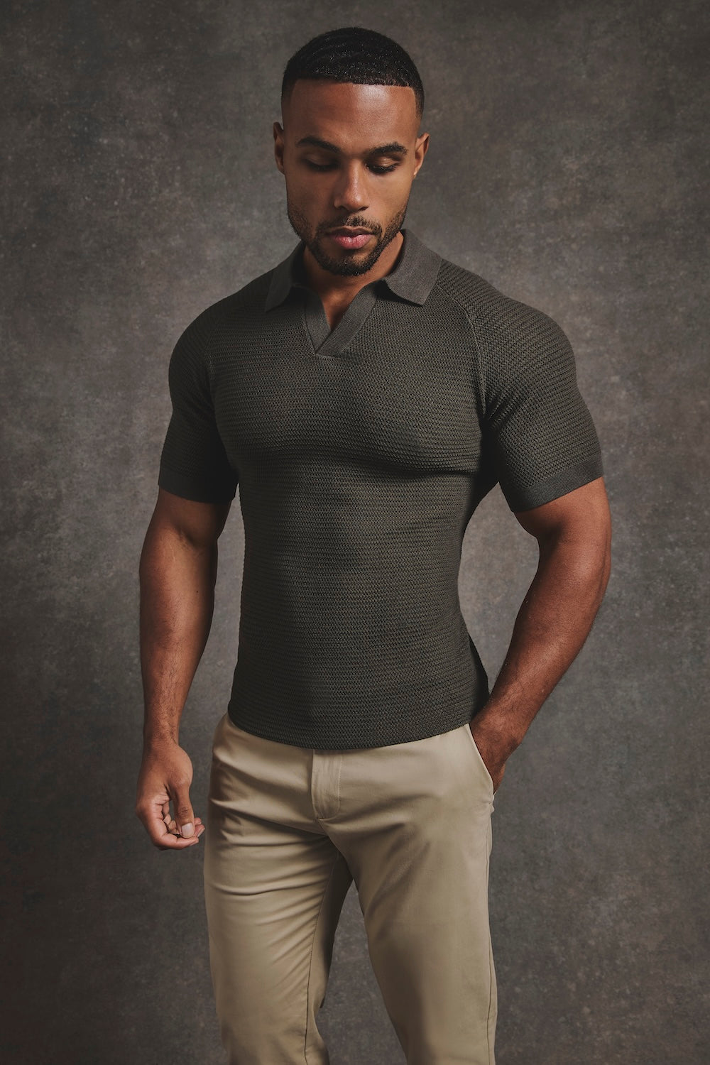 Textured Knitted Open Collar Polo Shirt in Dark Olive
