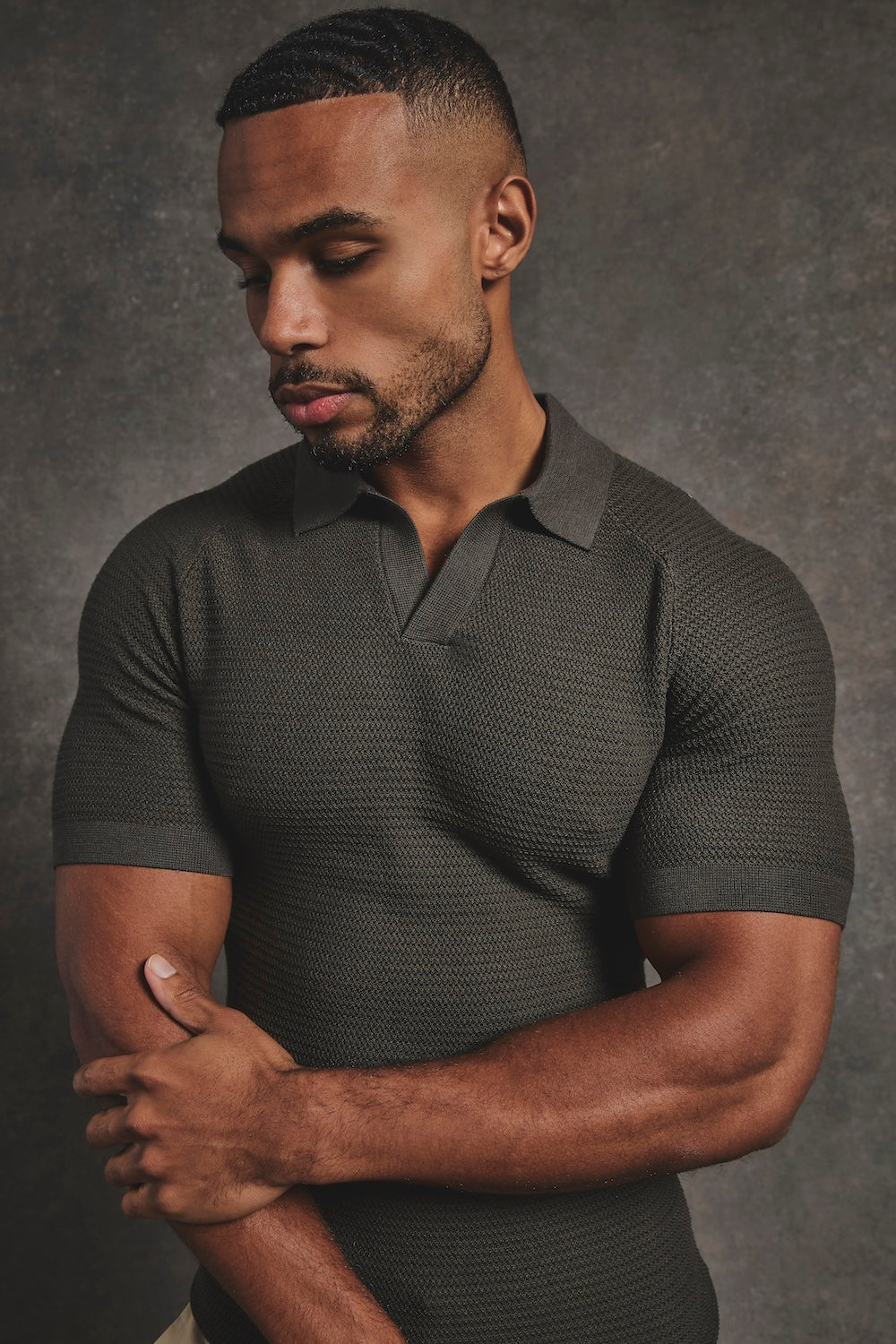 Textured Knitted Open Collar Polo Shirt in Dark Olive