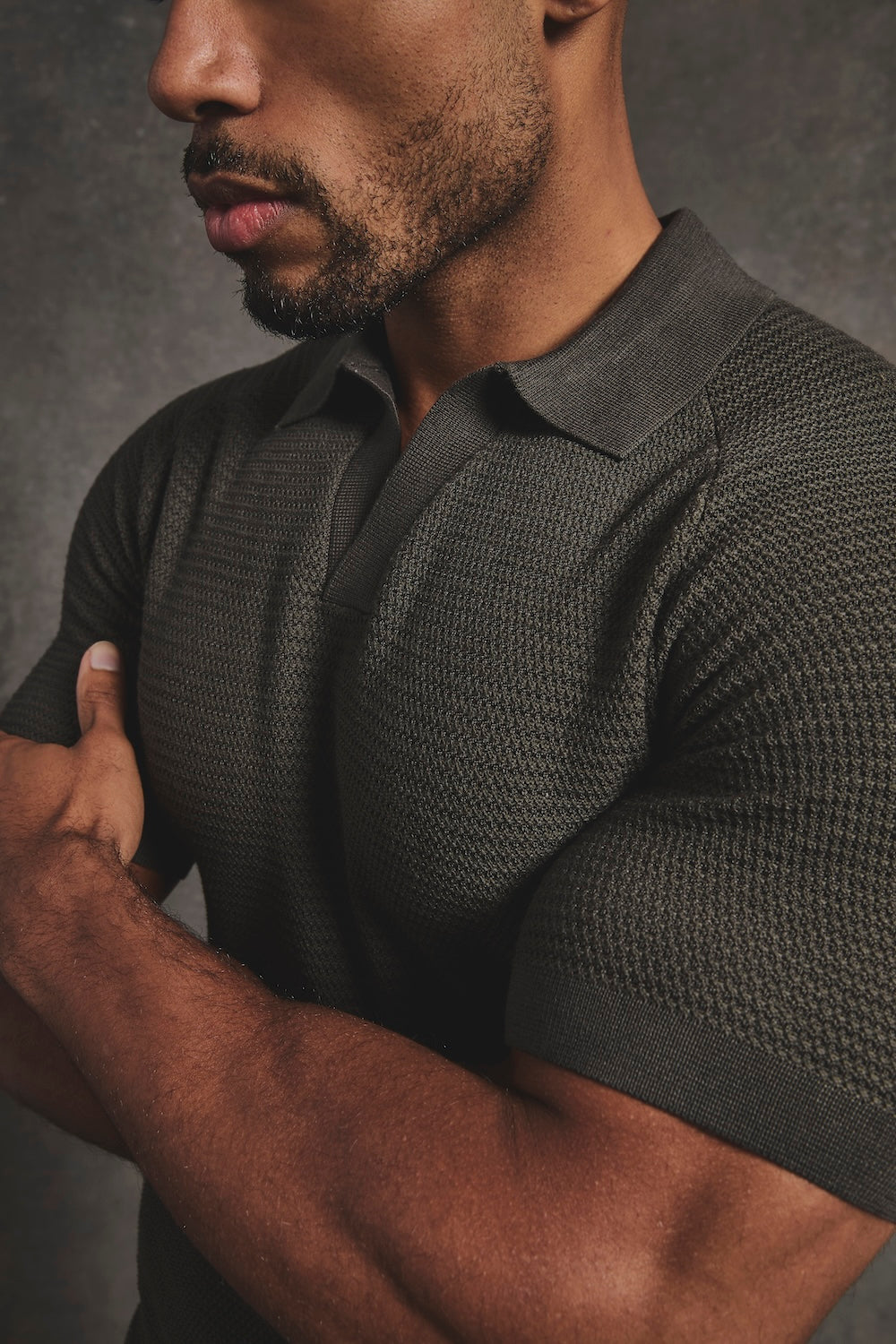 Textured Knitted Open Collar Polo Shirt in Dark Olive
