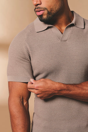 Textured Knitted Open Collar Polo Shirt in Mink
