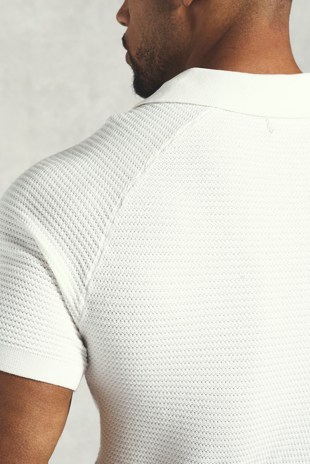 Textured Knitted Open Collar Polo Shirt in Off White