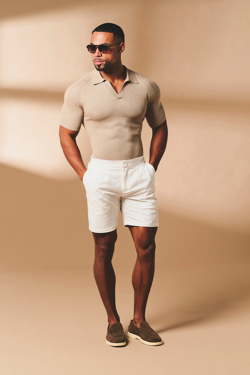 Textured Knitted Open Collar Polo Shirt in Stone